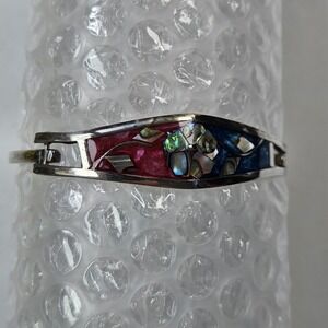 Alpaca Mexico Bangle Bracelet Womens Silver Red Blue Abalone Shell Inlay Floral